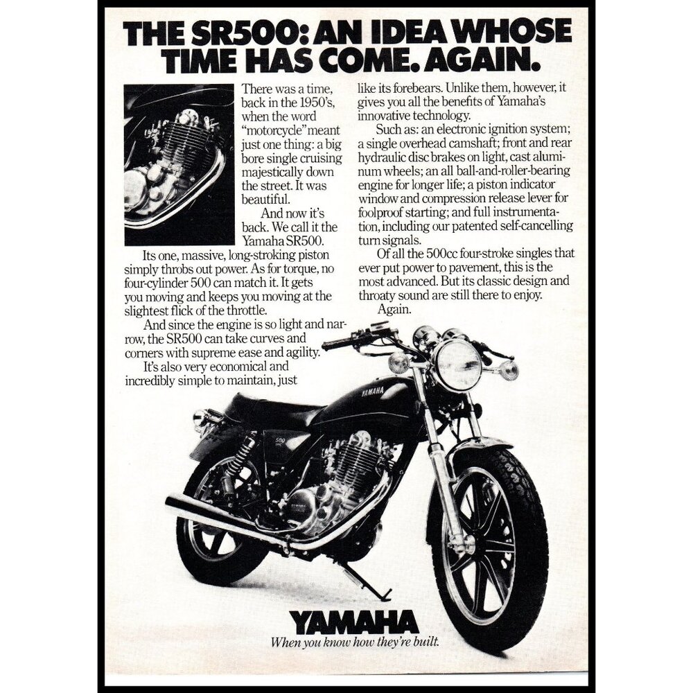 1978 Yamaha SR500 Motorcycle Vintage Print Ad 70s Cruiser Wall Art Photo